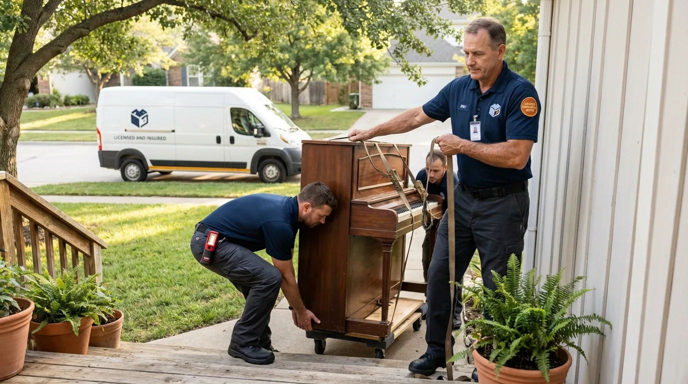 Licensed piano movers securing grand piano in Torrington, CT