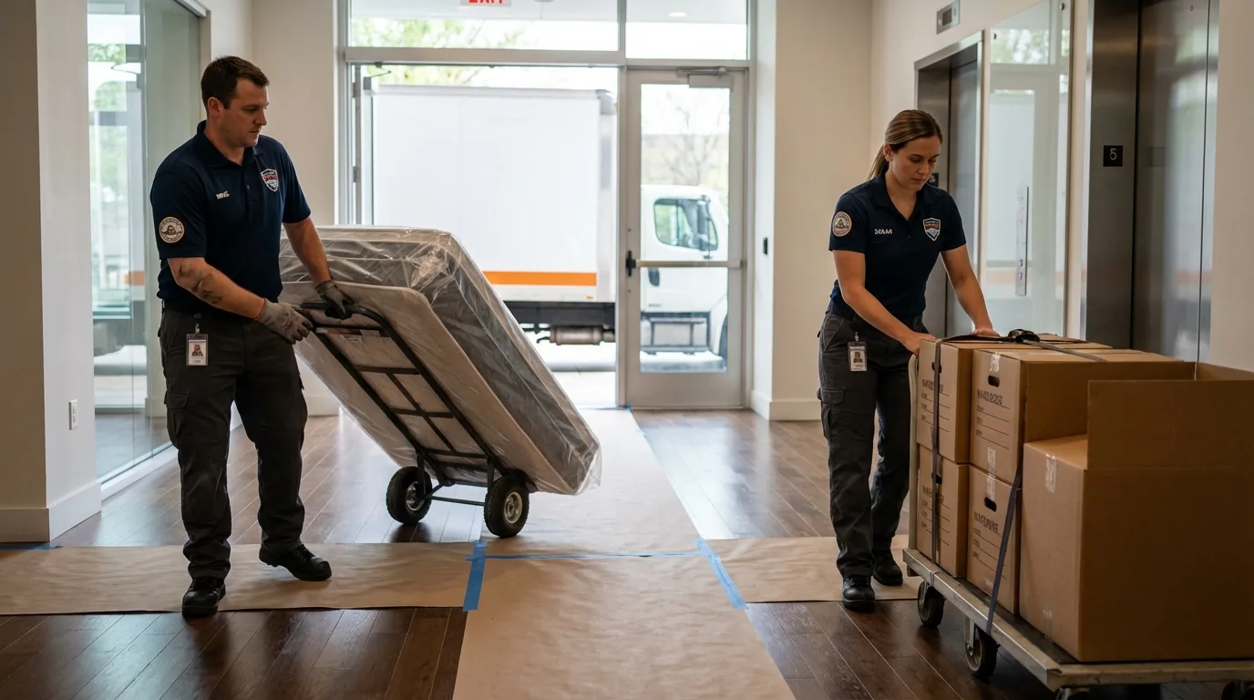 Professional apartment movers loading elevator in Torrington, CT
